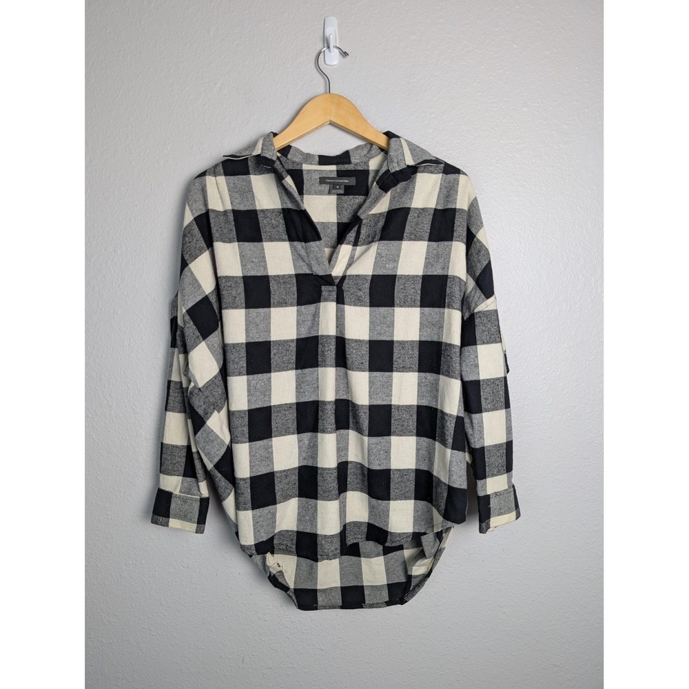 Tunic Womens L Black Plaid Flannel V-Neck Long Roll Tab Sleeve Relaxed Oversized